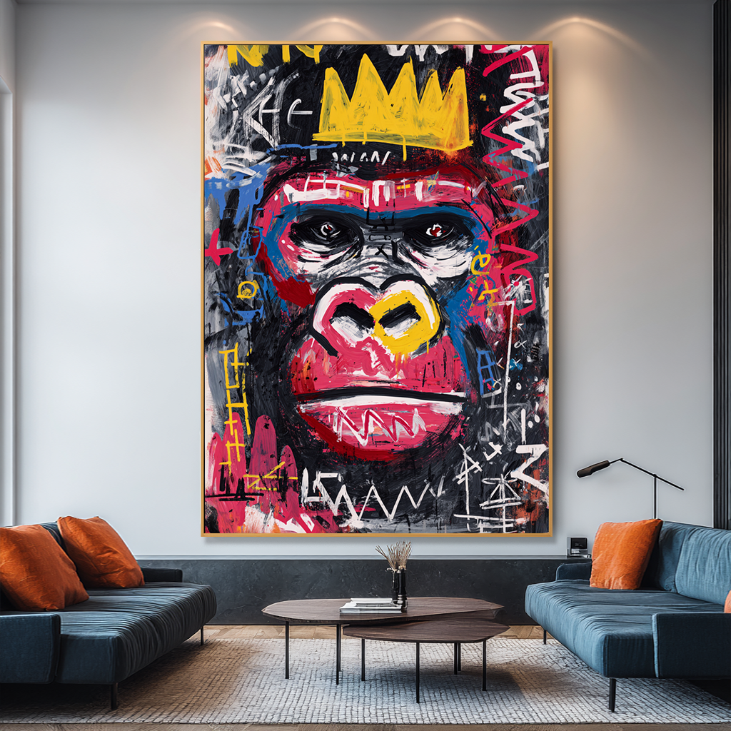 Neon King - Contemporary Crowned Gorilla Portrait Oil Painting