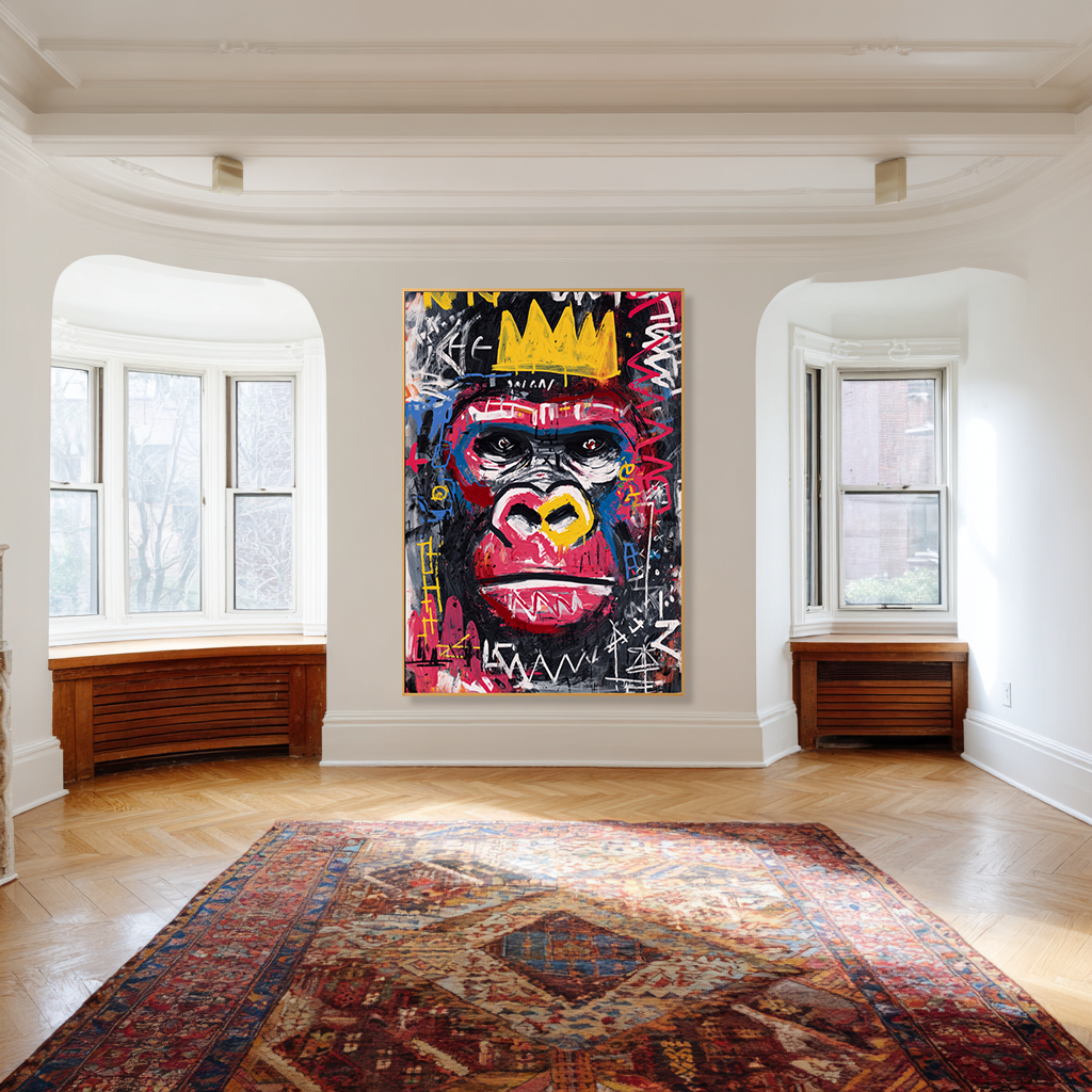 Neon King - Contemporary Crowned Gorilla Portrait Oil Painting