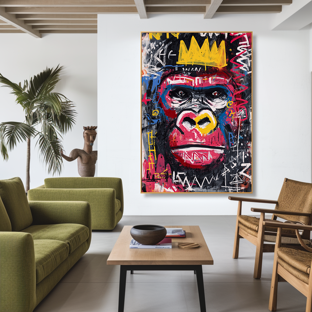 Neon King - Contemporary Crowned Gorilla Portrait Oil Painting