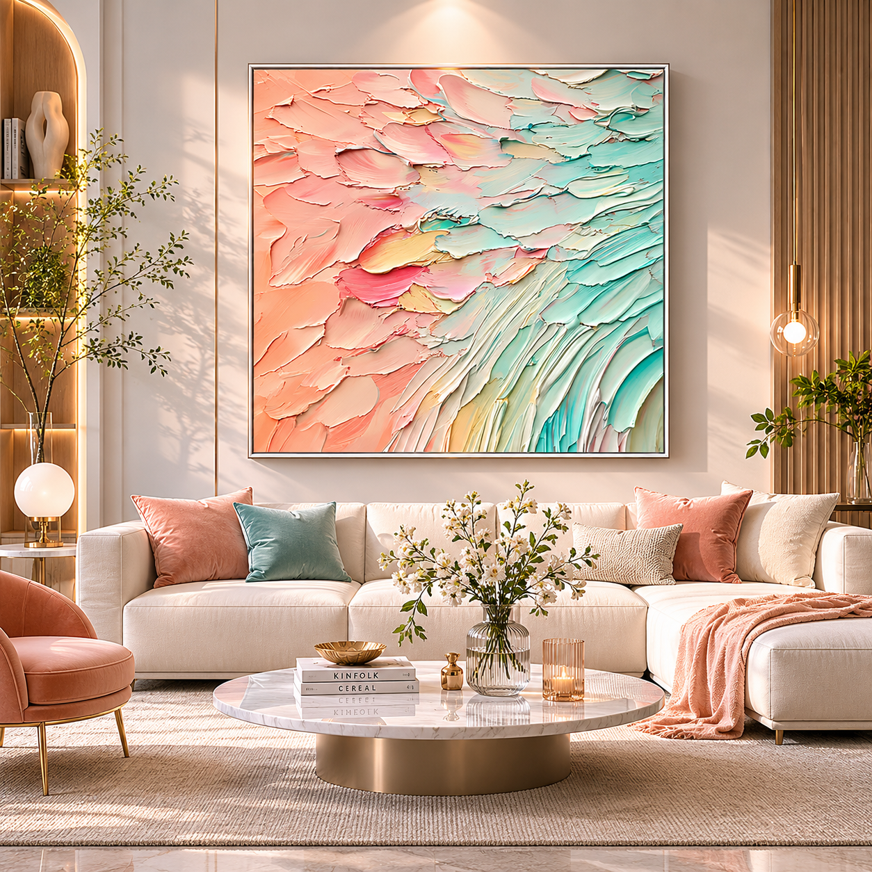 Pastel Dreams-Impasto Textured Abstract Wall Art - Pastel Pink Teal Gradient, Calming Modern Decor for Bedroom