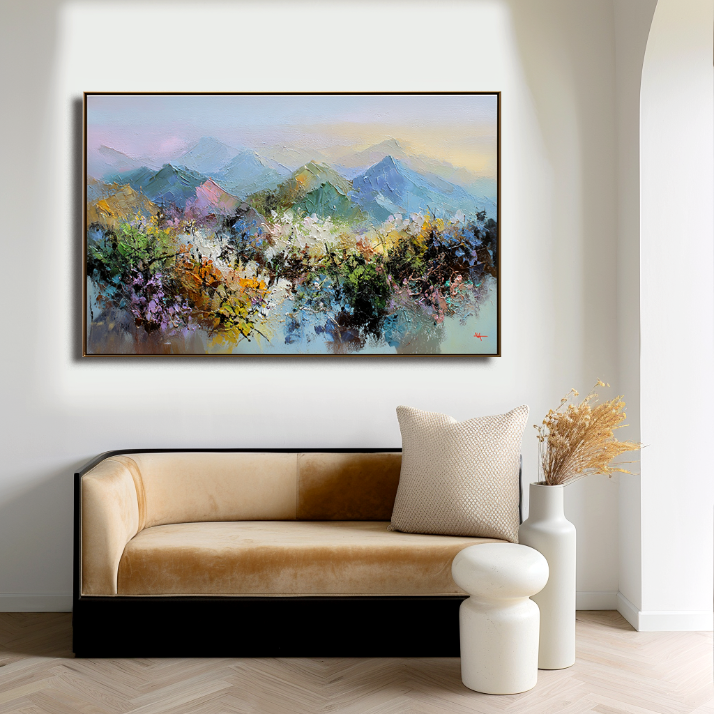 Pastel Horizons – Abstract Mountain Landscape Canvas Impressionist Vibrant Scenic Art- Colorful Mountain Landscape Oil Painting for Home Decoration