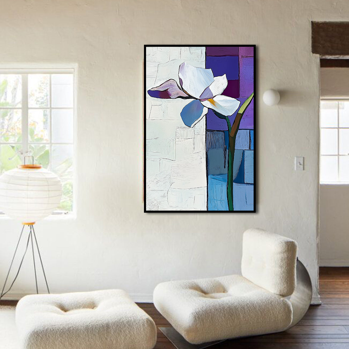Petal Divide - White Abstract Flower Painting Minimalist Geometric Wall Art