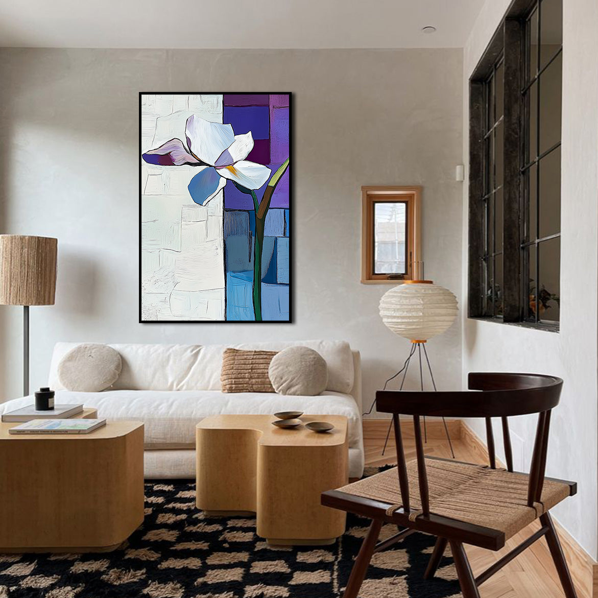 Petal Divide - White Abstract Flower Painting Minimalist Geometric Wall Art