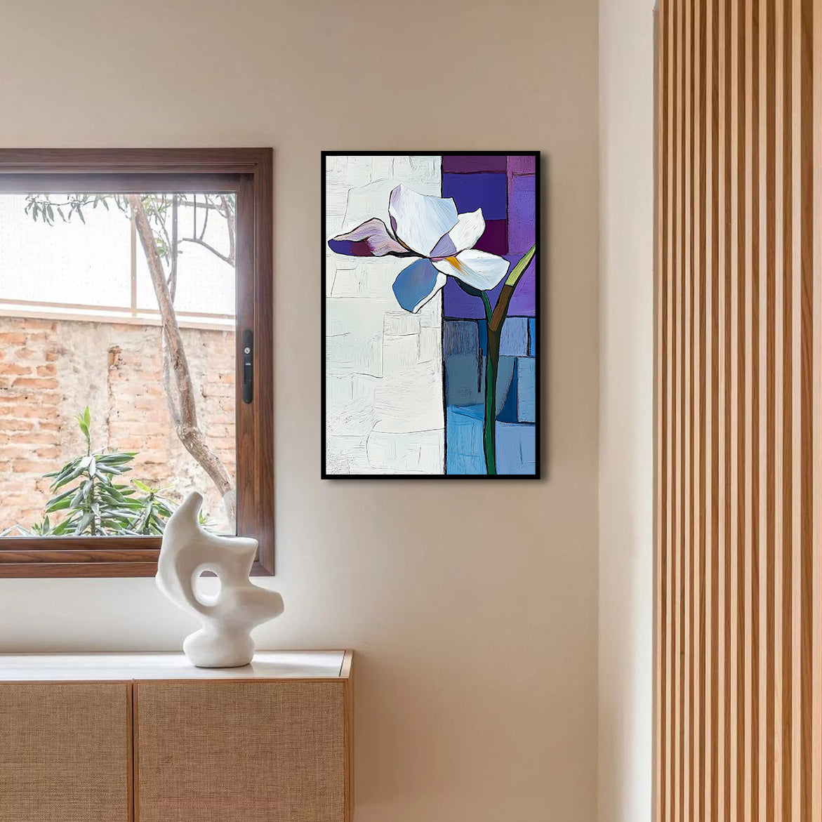 Petal Divide - White Abstract Flower Painting Minimalist Geometric Wall Art