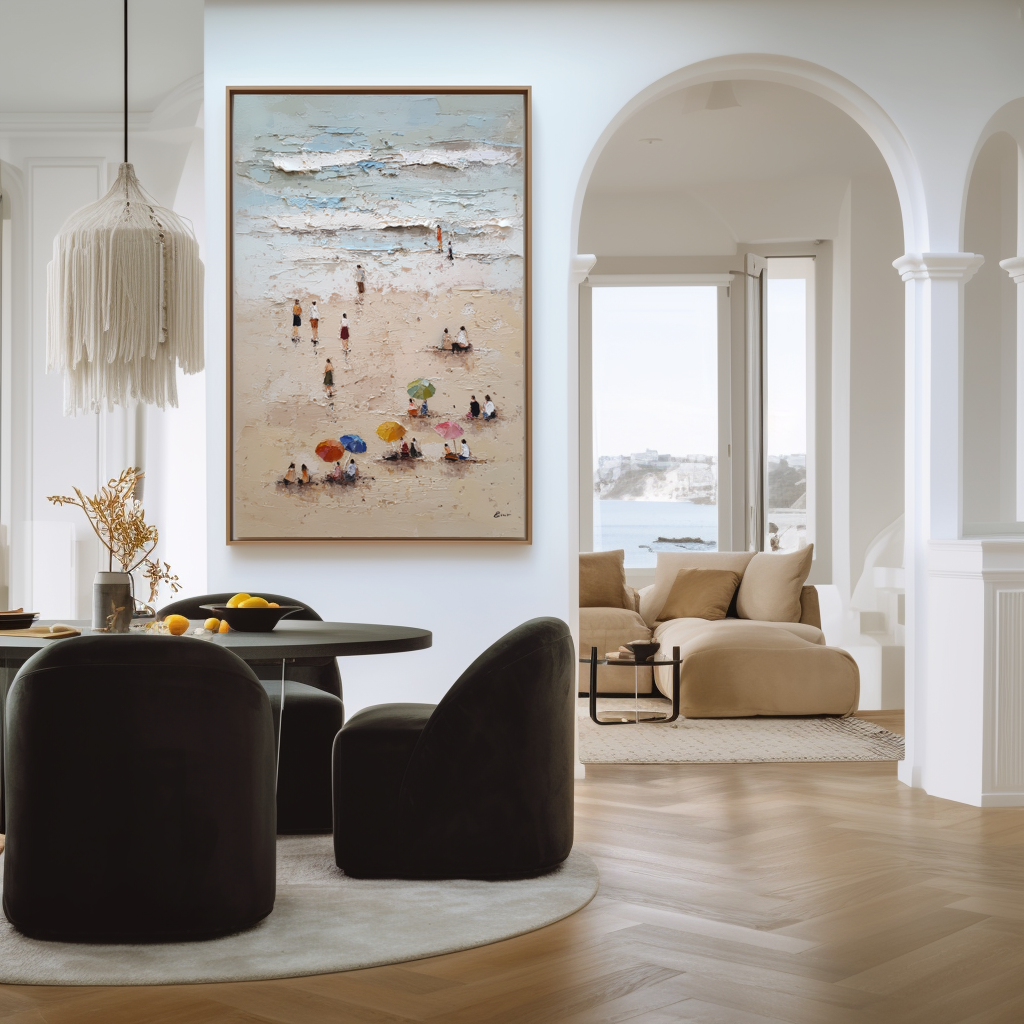 Seaside Stroll-Textured Vertical Beach Painting for Modern Coastal Decor