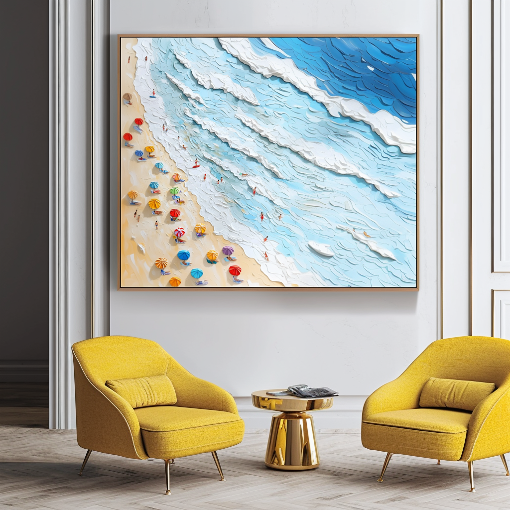 Seaside Whispers-Impasto Beach Scene Oil Painting - Framed Square Wall Art with Colorful Umbrellas & Textured Ocean Waves, Summer Coastal Decor for Living Room & Bedroom