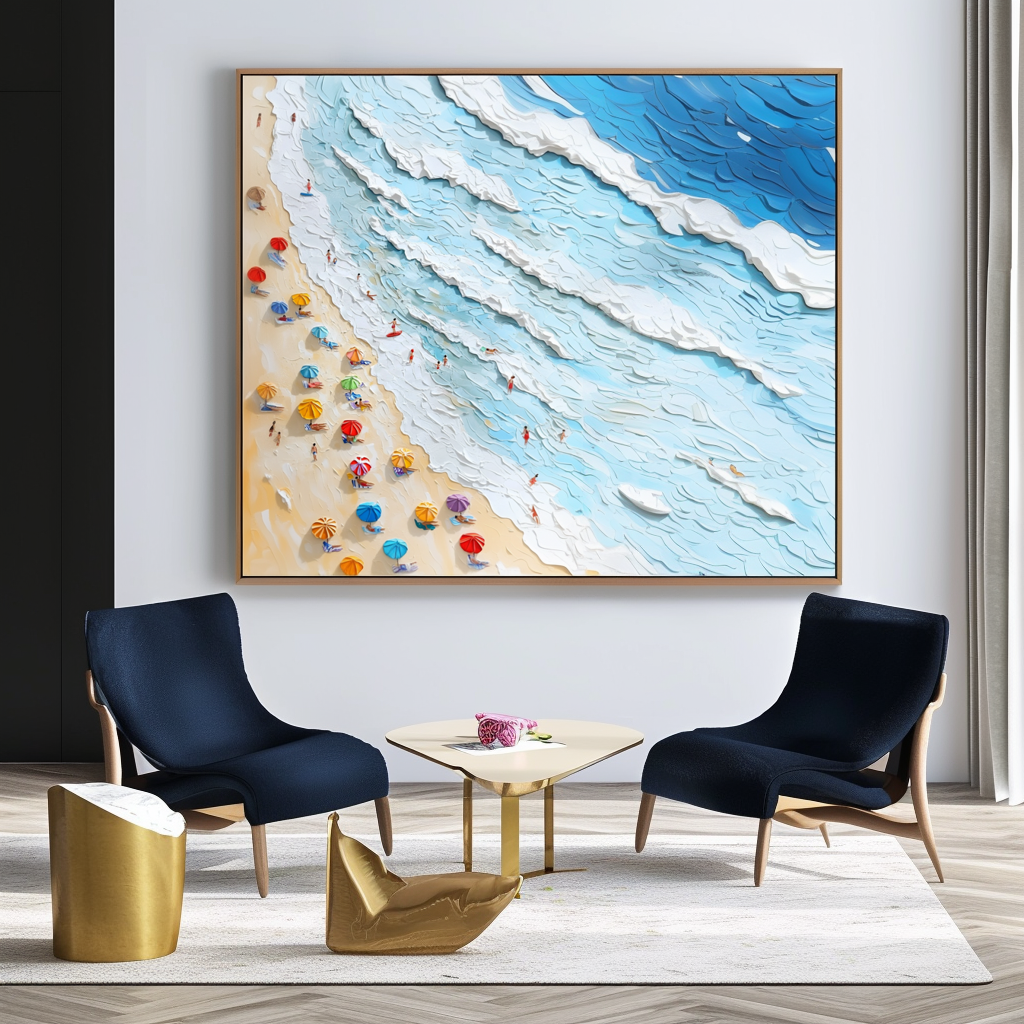 Seaside Whispers-Impasto Beach Scene Oil Painting - Framed Square Wall Art with Colorful Umbrellas & Textured Ocean Waves, Summer Coastal Decor for Living Room & Bedroom