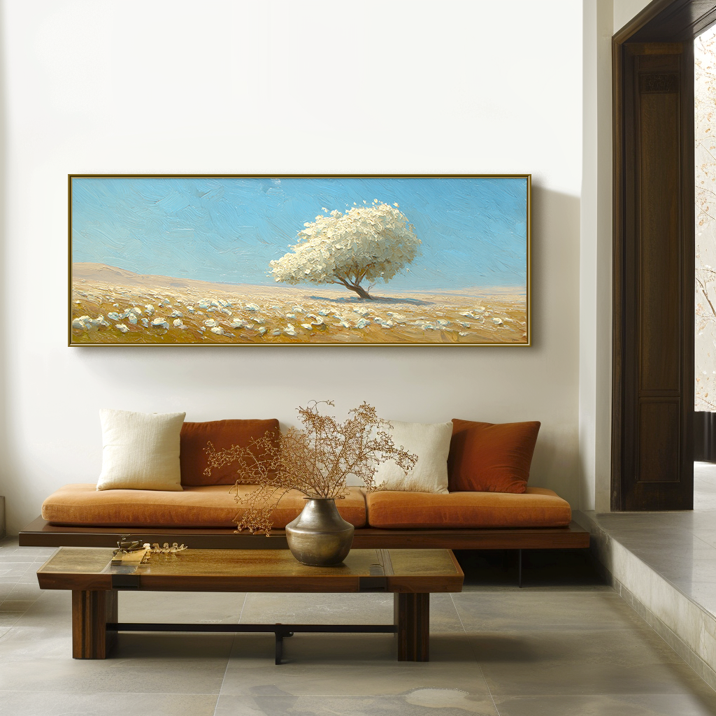 Serene White Tree Landscape – Large Textured Abstract Wall Art for Modern Living Room Decor