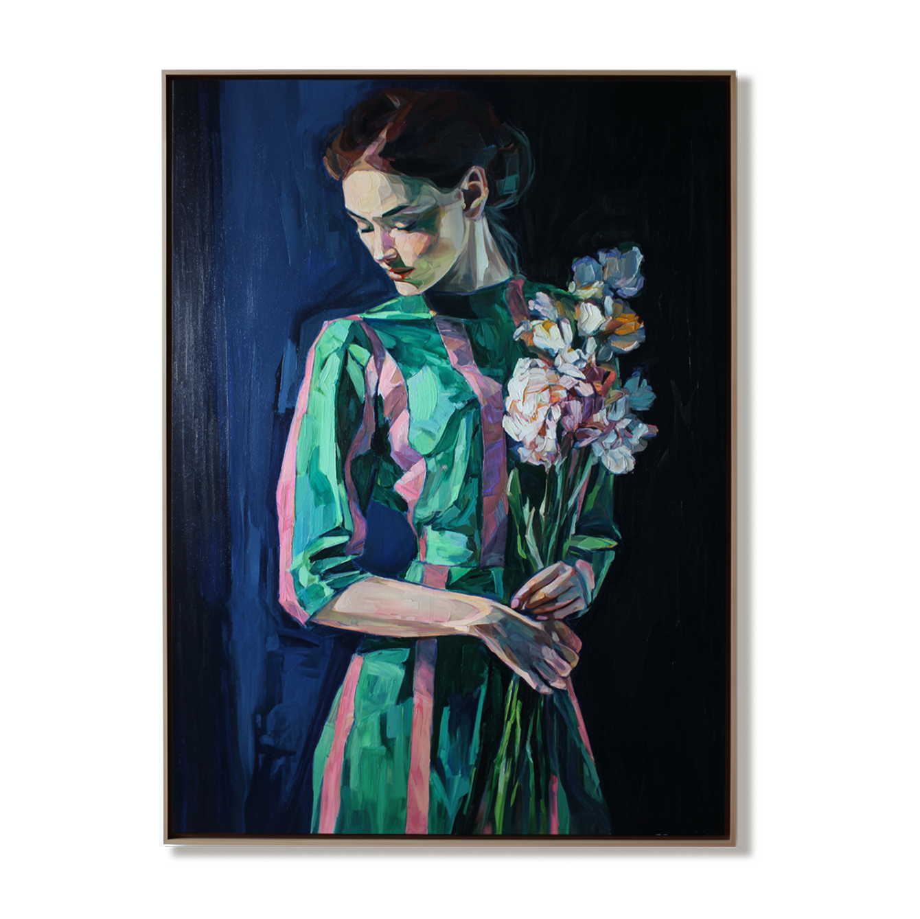 Silent Bloom – Hand-Painted Figurative Oil Portrait with Floral Bouquet