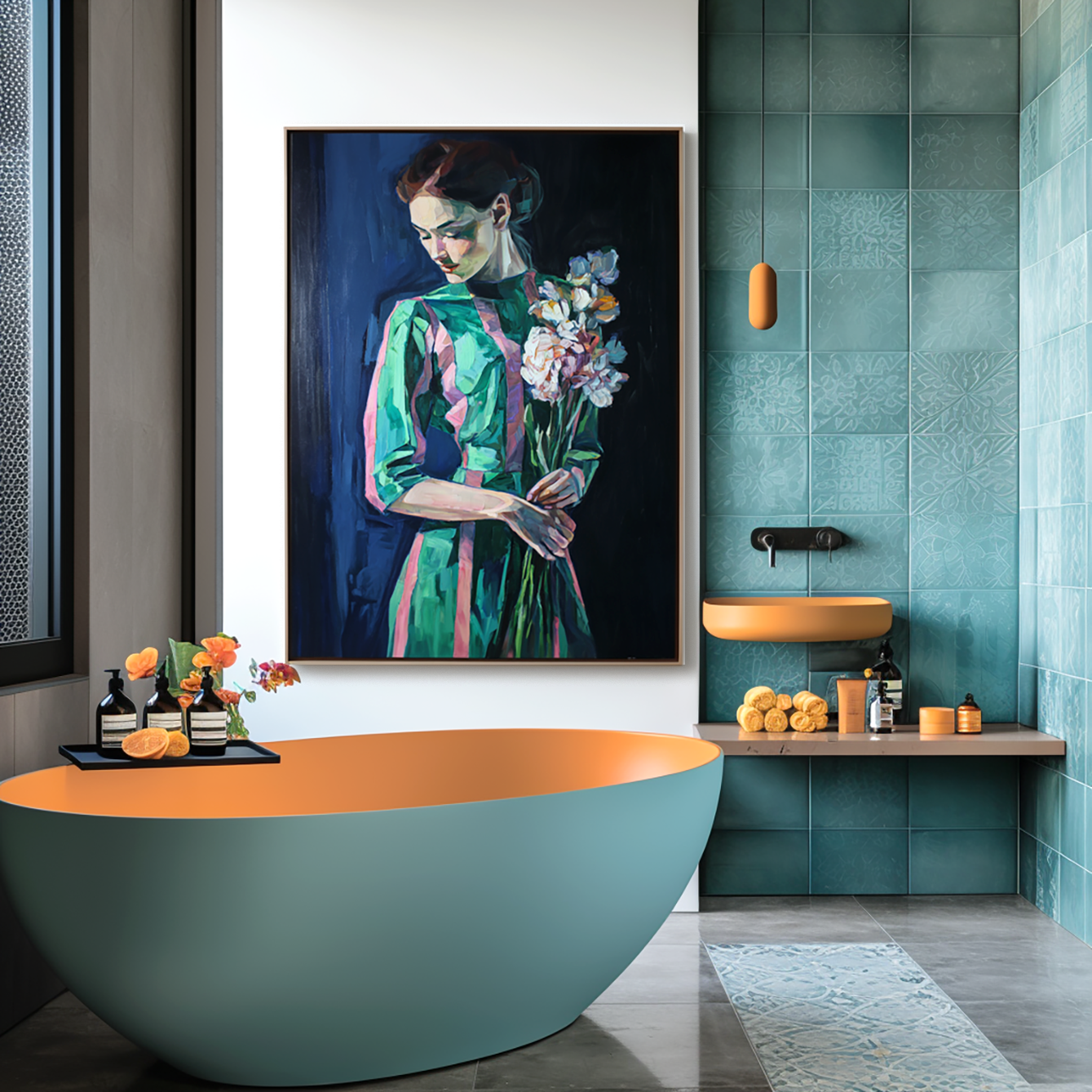 Silent Bloom – Hand-Painted Figurative Oil Portrait with Floral Bouquet