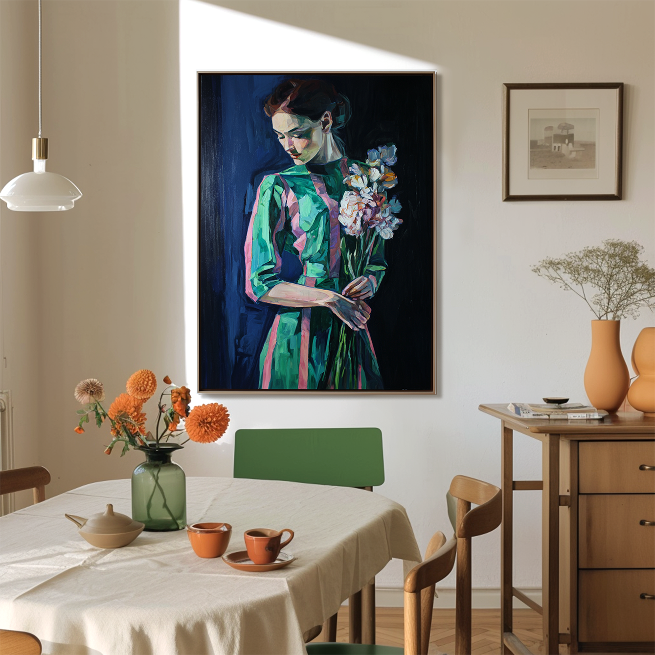 Silent Bloom – Hand-Painted Figurative Oil Portrait with Floral Bouquet