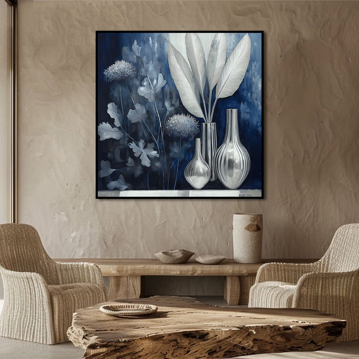 Silver Silence - Modern Blue Silver Still Life Painting Square Glass Vase Wall Art