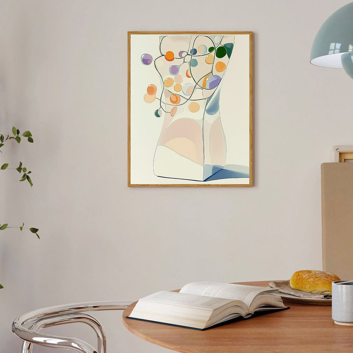 Soft Orbit - Minimalist Vase with Colorful Dots Abstract Geometric Wall Art