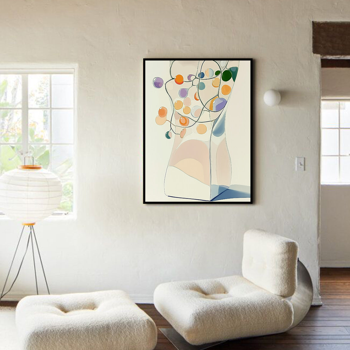 Soft Orbit - Minimalist Vase with Colorful Dots Abstract Geometric Wall Art
