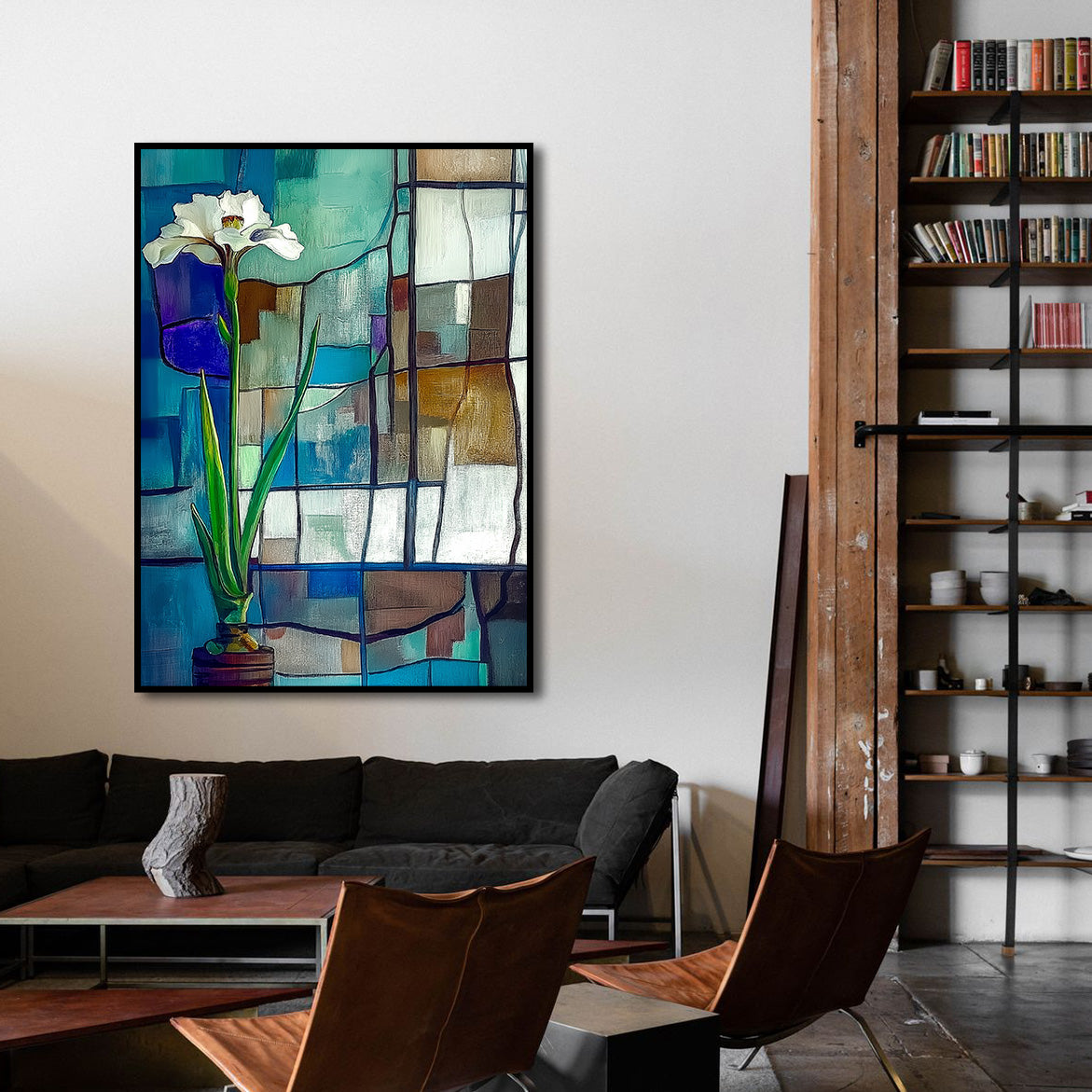 Solitude in Glass - Minimalist White Flower Painting Geometric Stained-Glass Style Wall Art