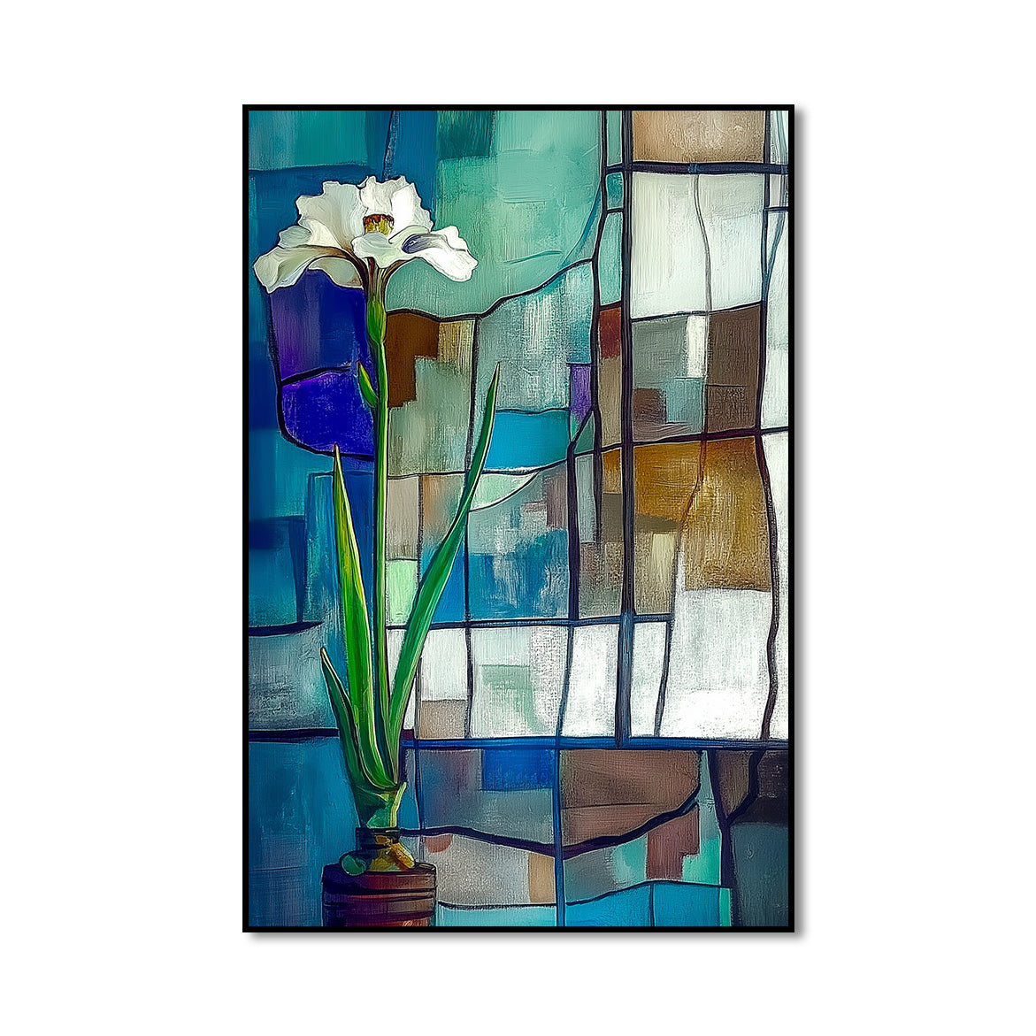 Solitude in Glass - Minimalist White Flower Painting Geometric Stained-Glass Style Wall Art