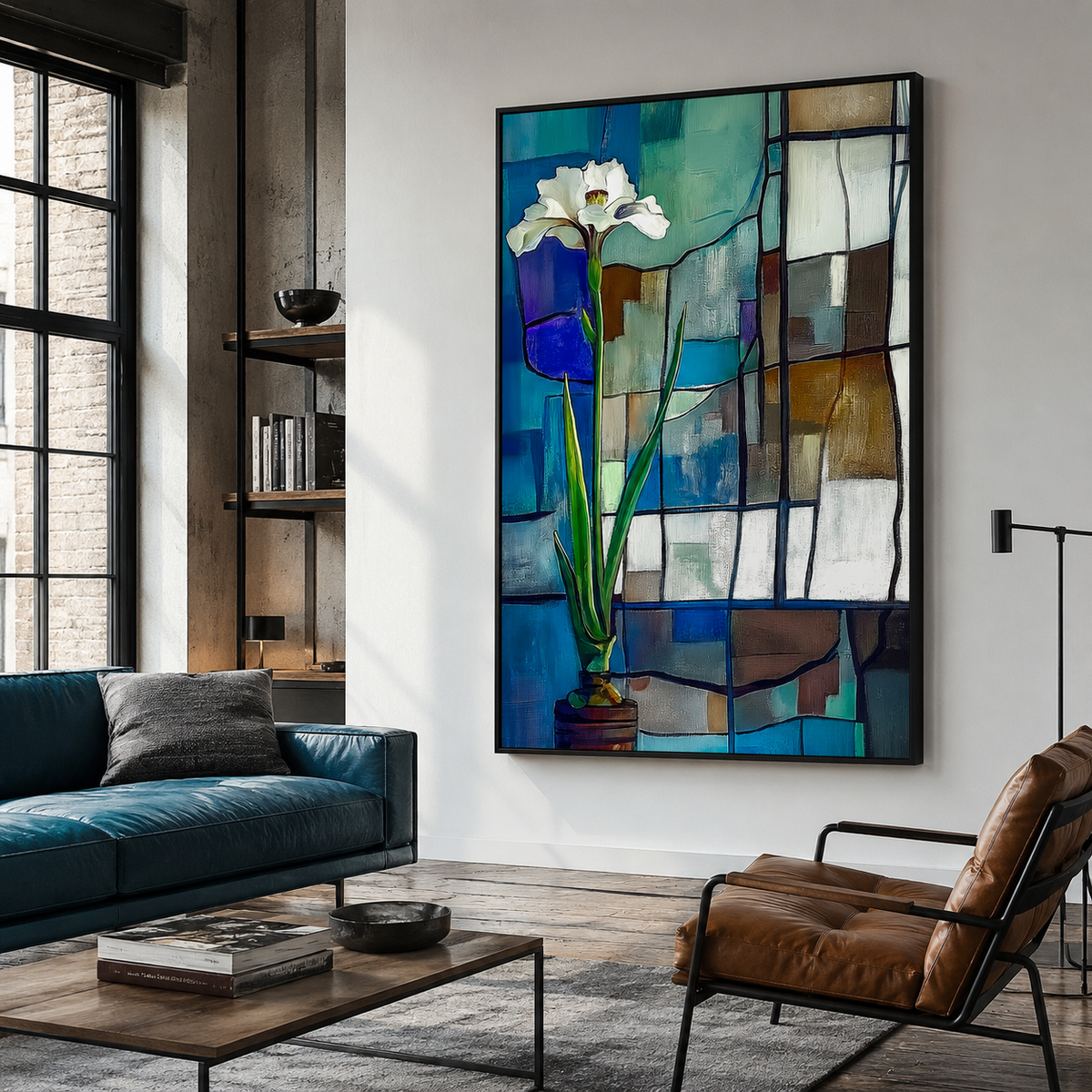 Solitude in Glass - Minimalist White Flower Painting Geometric Stained-Glass Style Wall Art