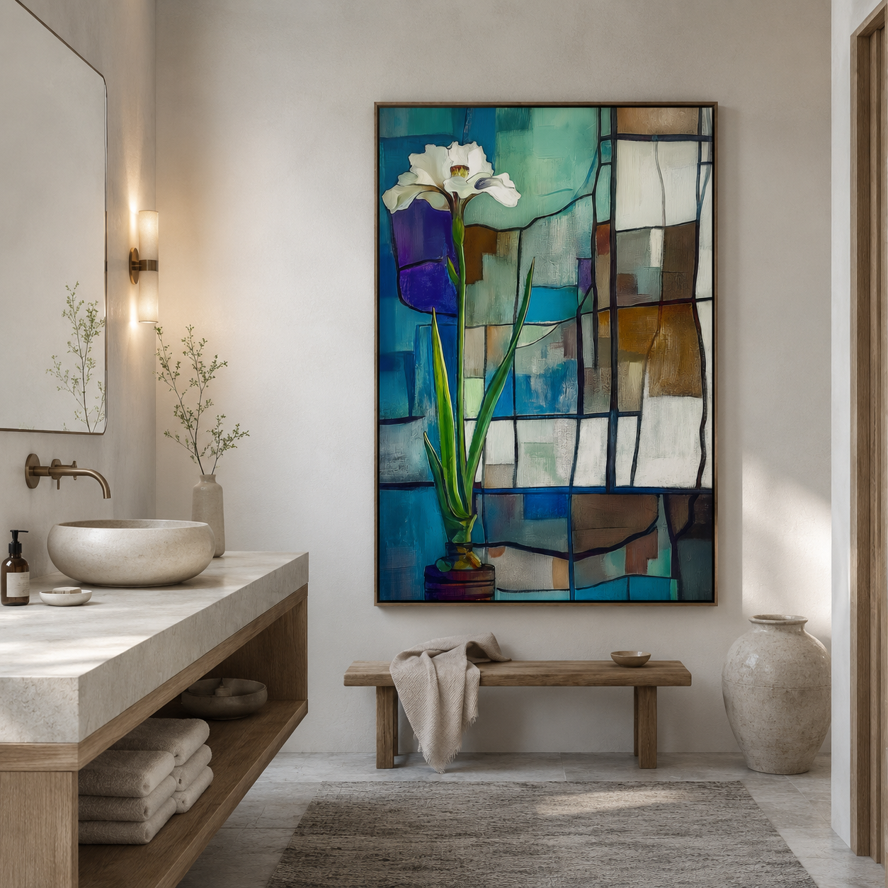 Solitude in Glass - Minimalist White Flower Painting Geometric Stained-Glass Style Wall Art
