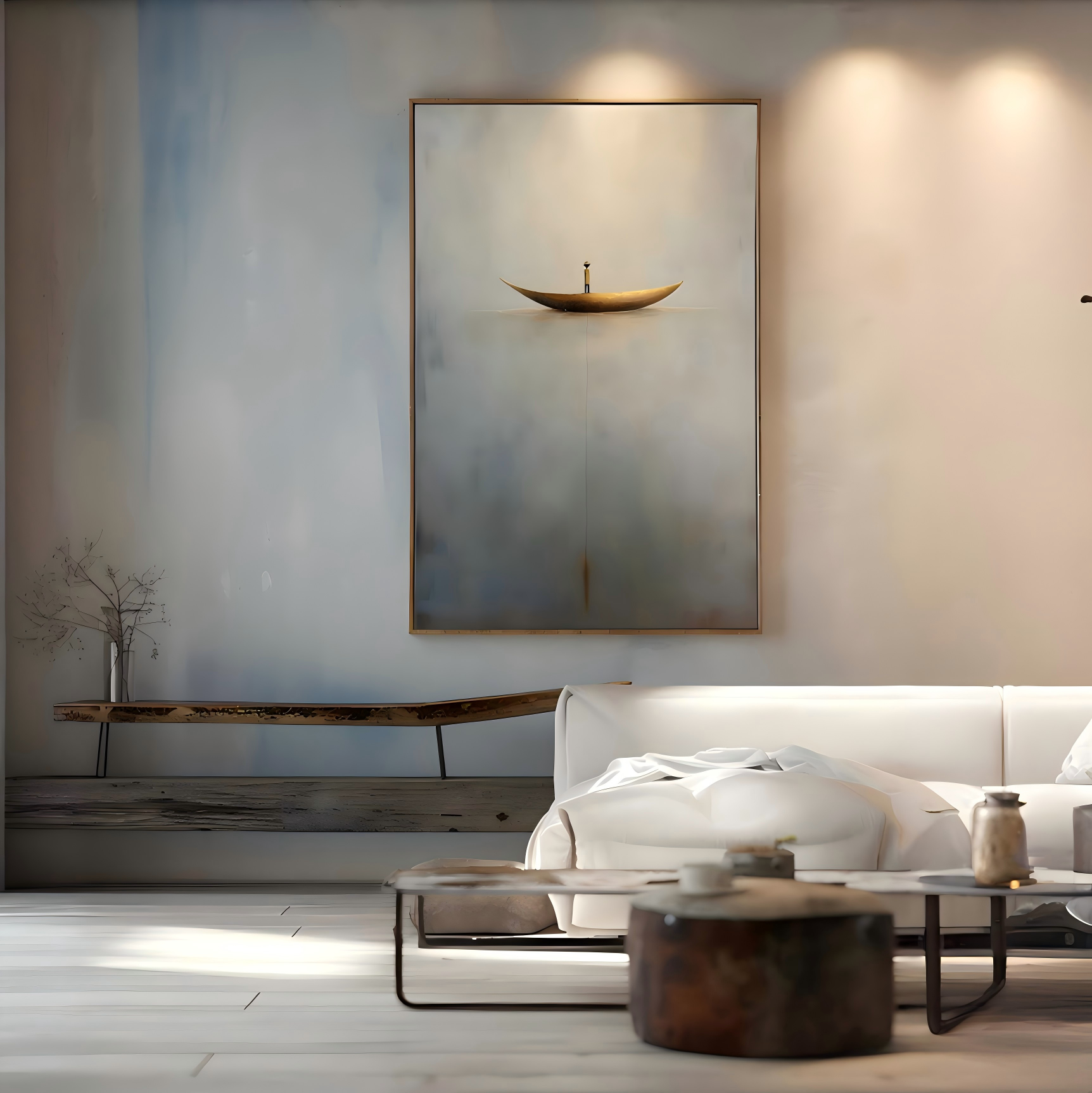 Solitude Voyage: Contemporary Minimalist Wall Art - Neutral Brown & Grey with Gold Boat