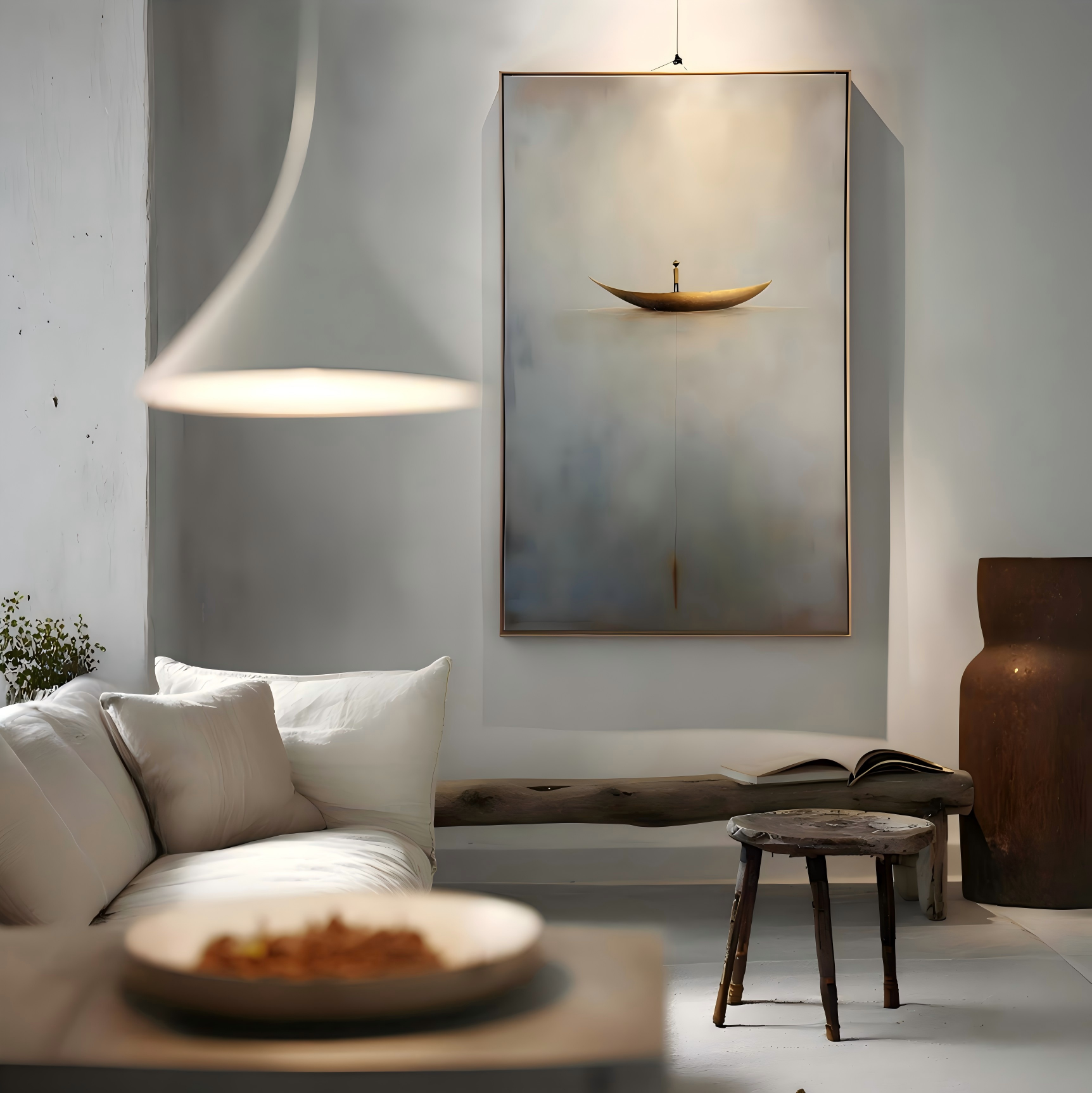 Solitude Voyage: Contemporary Minimalist Wall Art - Neutral Brown & Grey with Gold Boat