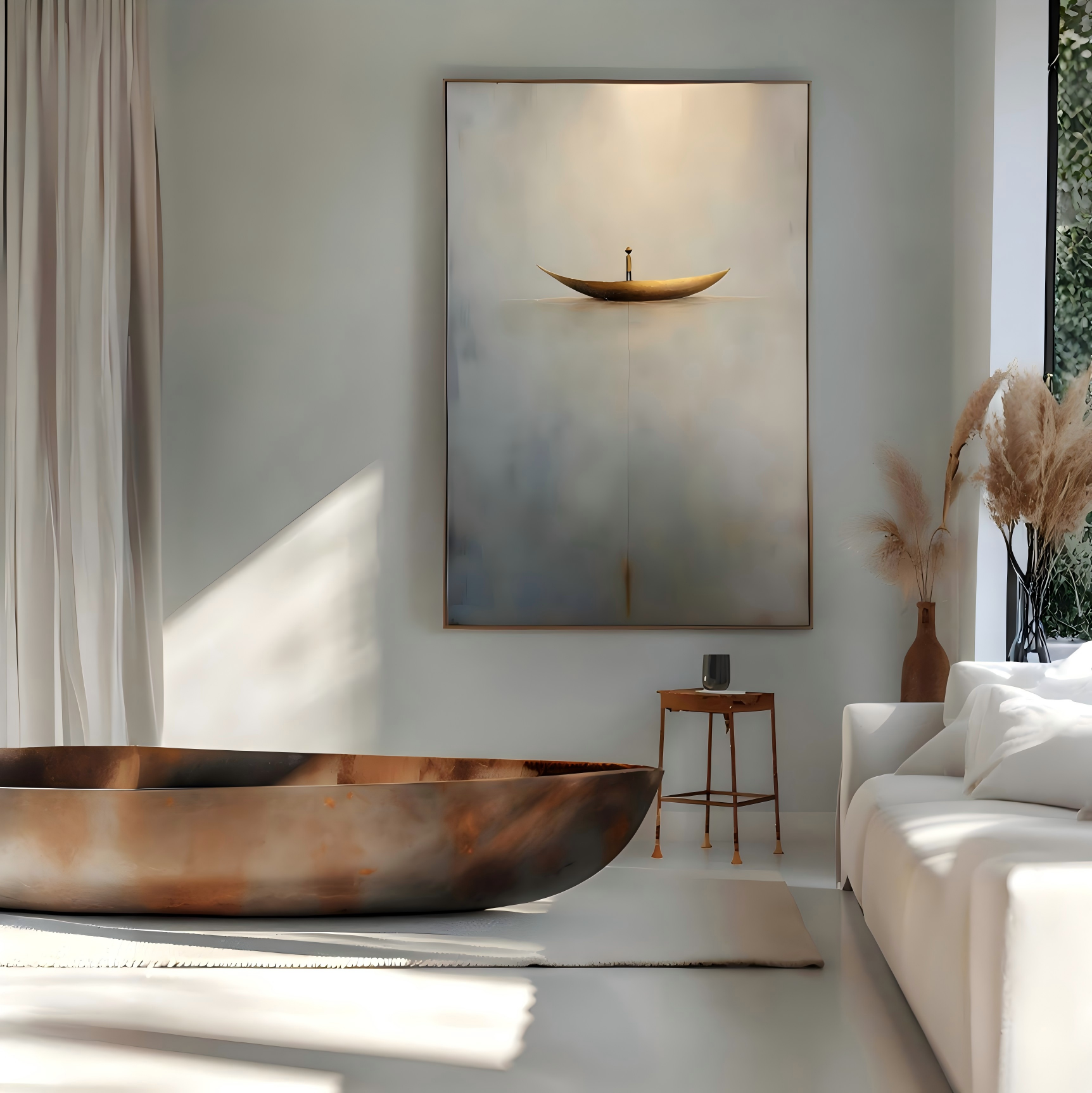Solitude Voyage: Contemporary Minimalist Wall Art - Neutral Brown & Grey with Gold Boat