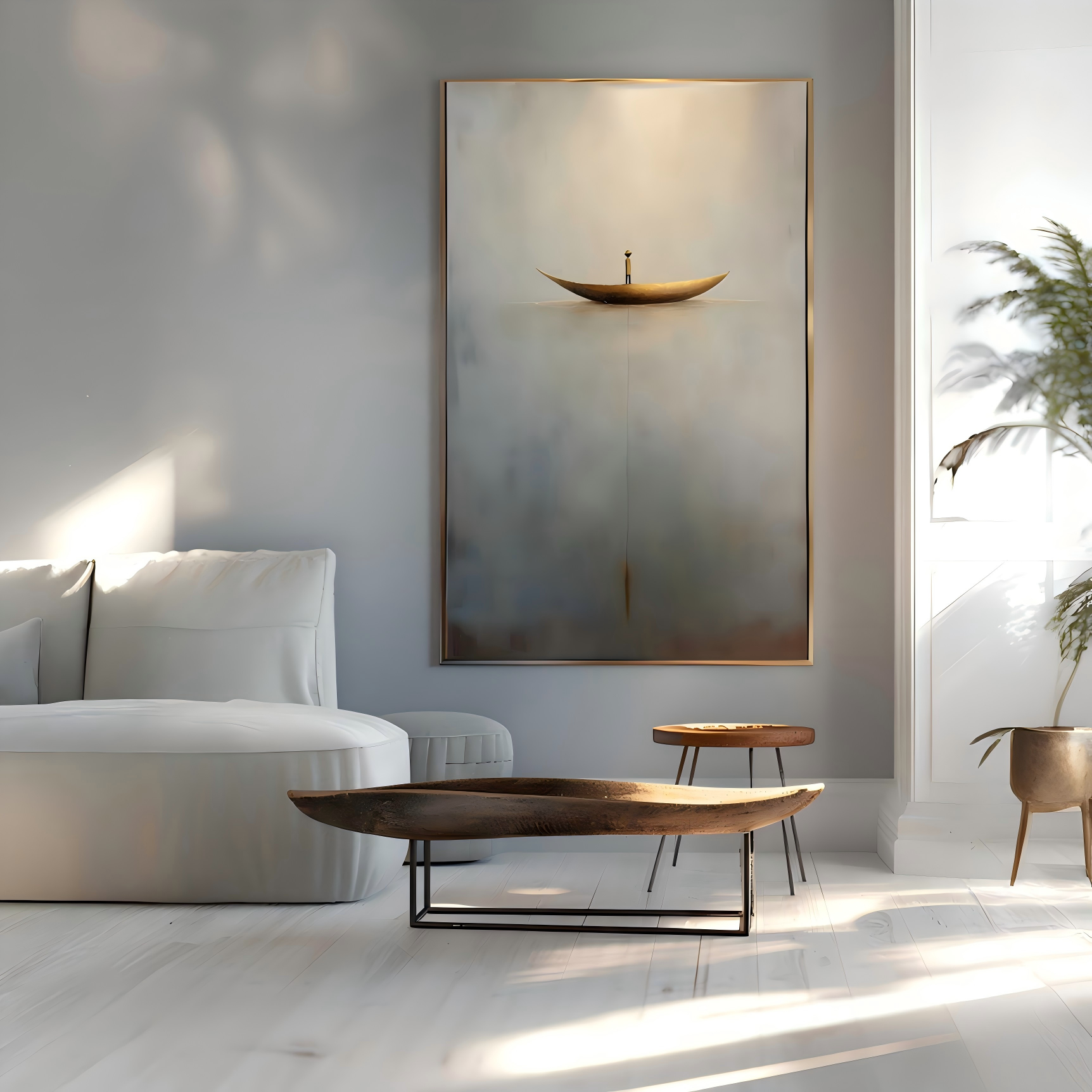 Solitude Voyage: Contemporary Minimalist Wall Art - Neutral Brown & Grey with Gold Boat