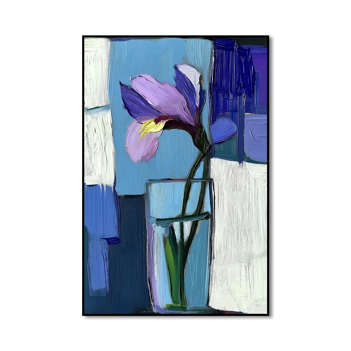 Stem & Silence - Purple Iris in Glass – Abstract Minimalist Floral Painting on Blue Background