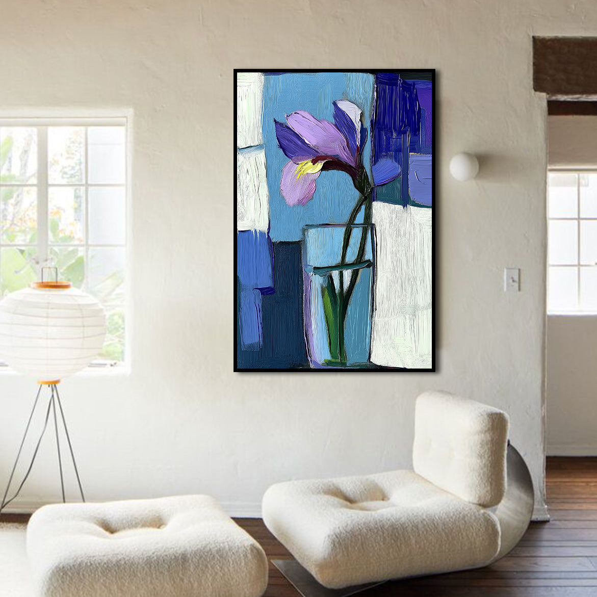 Stem & Silence - Purple Iris in Glass – Abstract Minimalist Floral Painting on Blue Background
