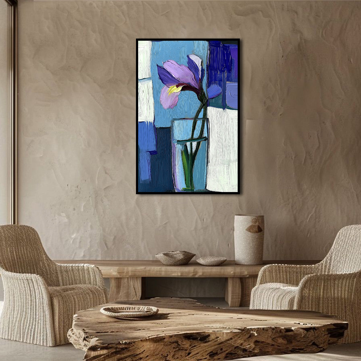 Stem & Silence - Purple Iris in Glass – Abstract Minimalist Floral Painting on Blue Background