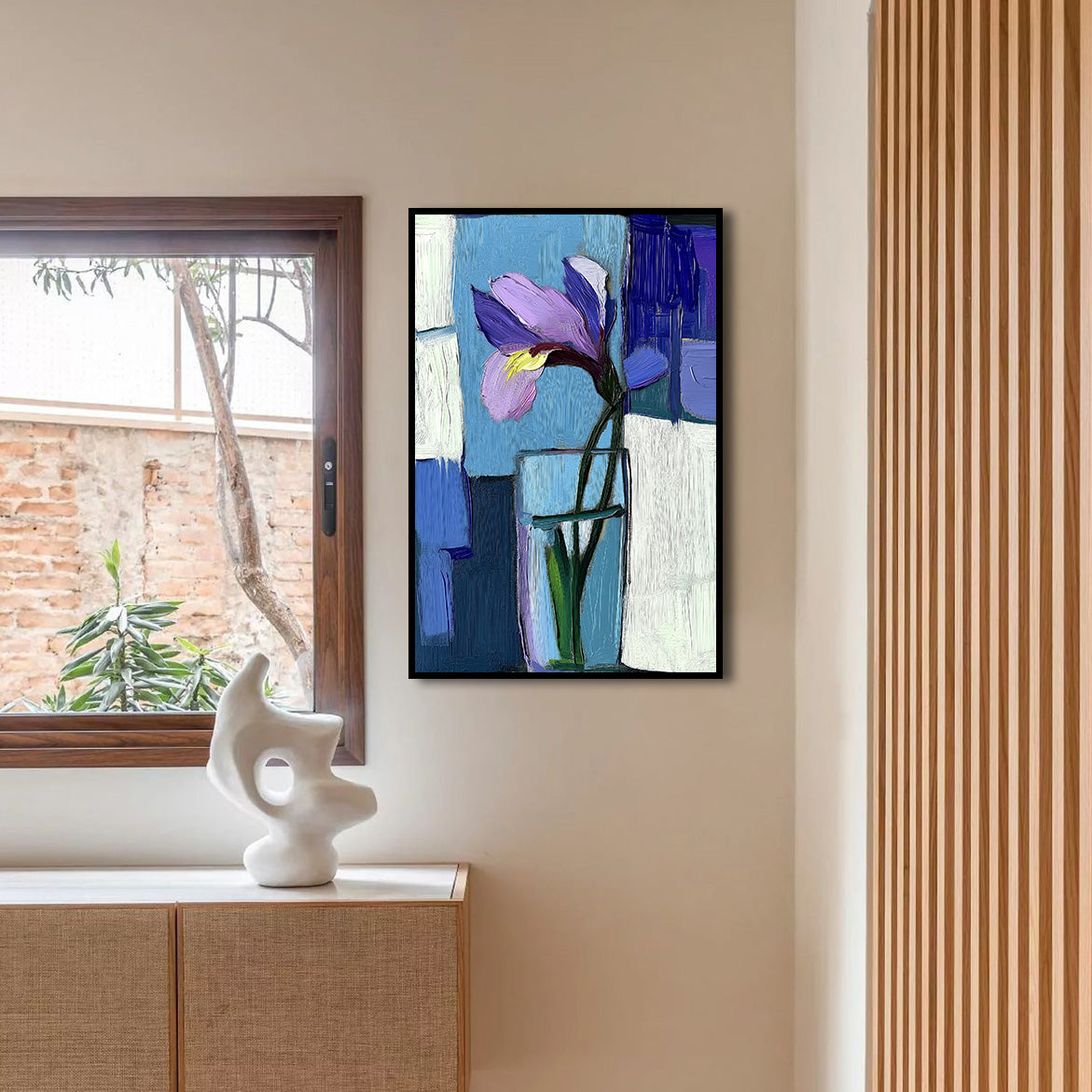 Stem & Silence - Purple Iris in Glass – Abstract Minimalist Floral Painting on Blue Background