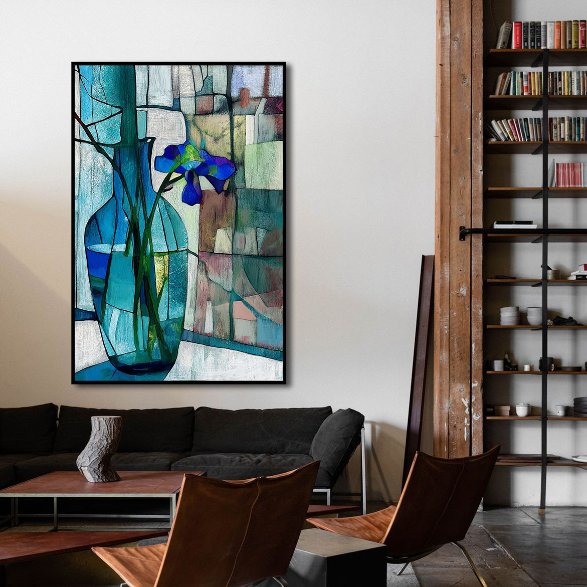Stillness in Blue - Blue Iris in Glass Vase Minimalist Floral Art with Stained-Glass Background