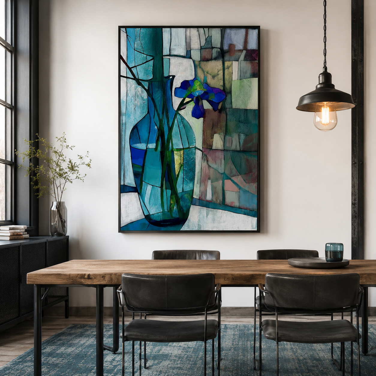 Stillness in Blue - Blue Iris in Glass Vase Minimalist Floral Art with Stained-Glass Background