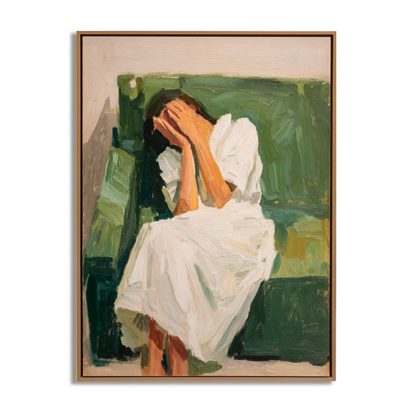 The Silence – Emotional Figurative Oil Painting of Woman in White on Green Sofa