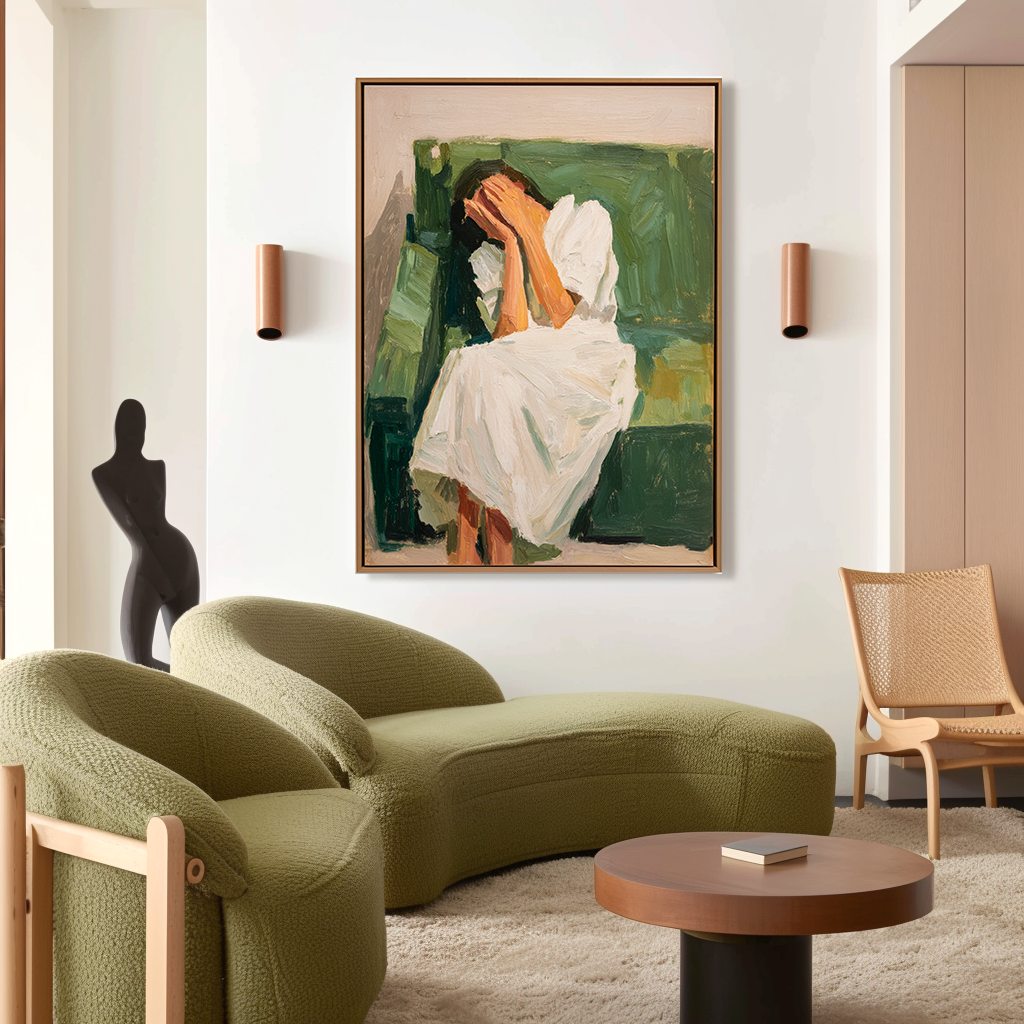 The Silence – Emotional Figurative Oil Painting of Woman in White on Green Sofa