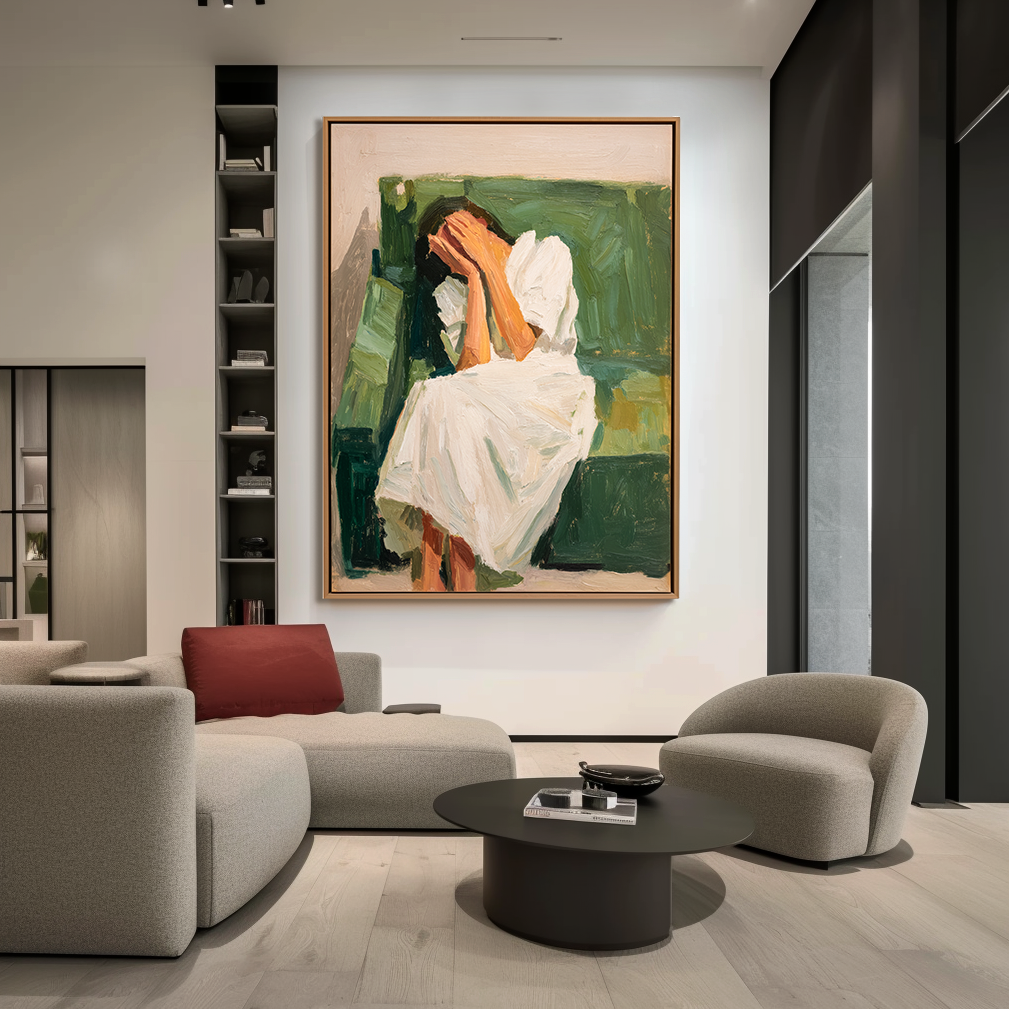 The Silence – Emotional Figurative Oil Painting of Woman in White on Green Sofa