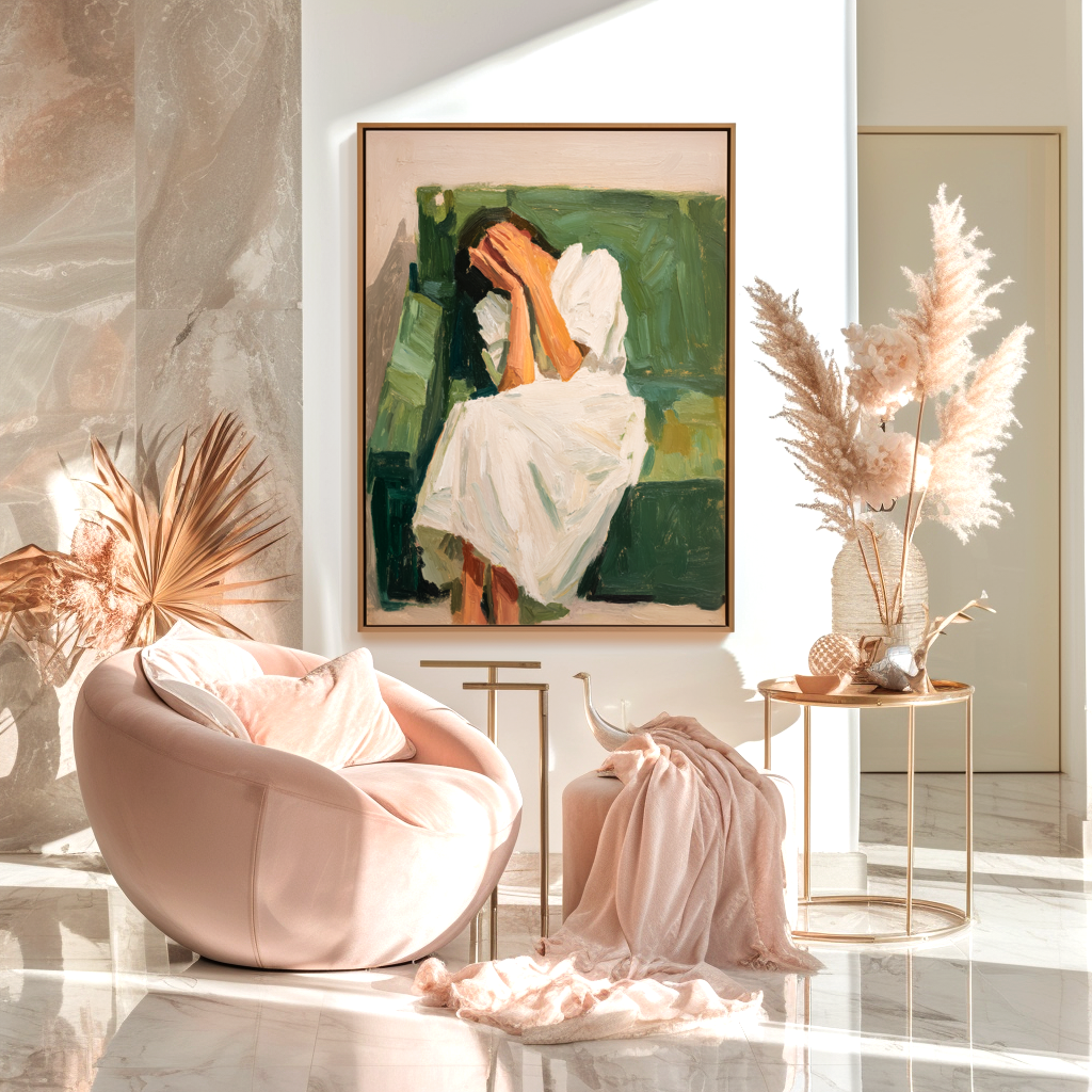 The Silence – Emotional Figurative Oil Painting of Woman in White on Green Sofa