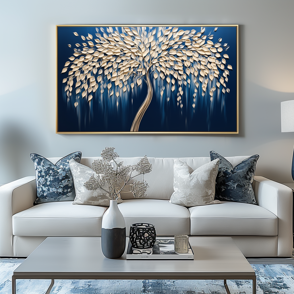 Tree of Light-Modern 3D Textured Tree Wall Art - Handmade Golden Decor on Deep Blue - Home Decor