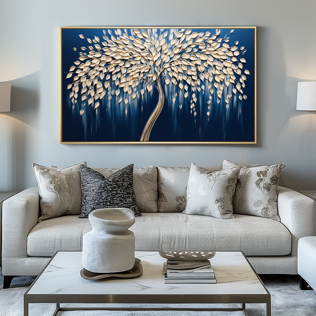 Tree of Light-Modern 3D Textured Tree Wall Art - Handmade Golden Decor on Deep Blue - Home Decor