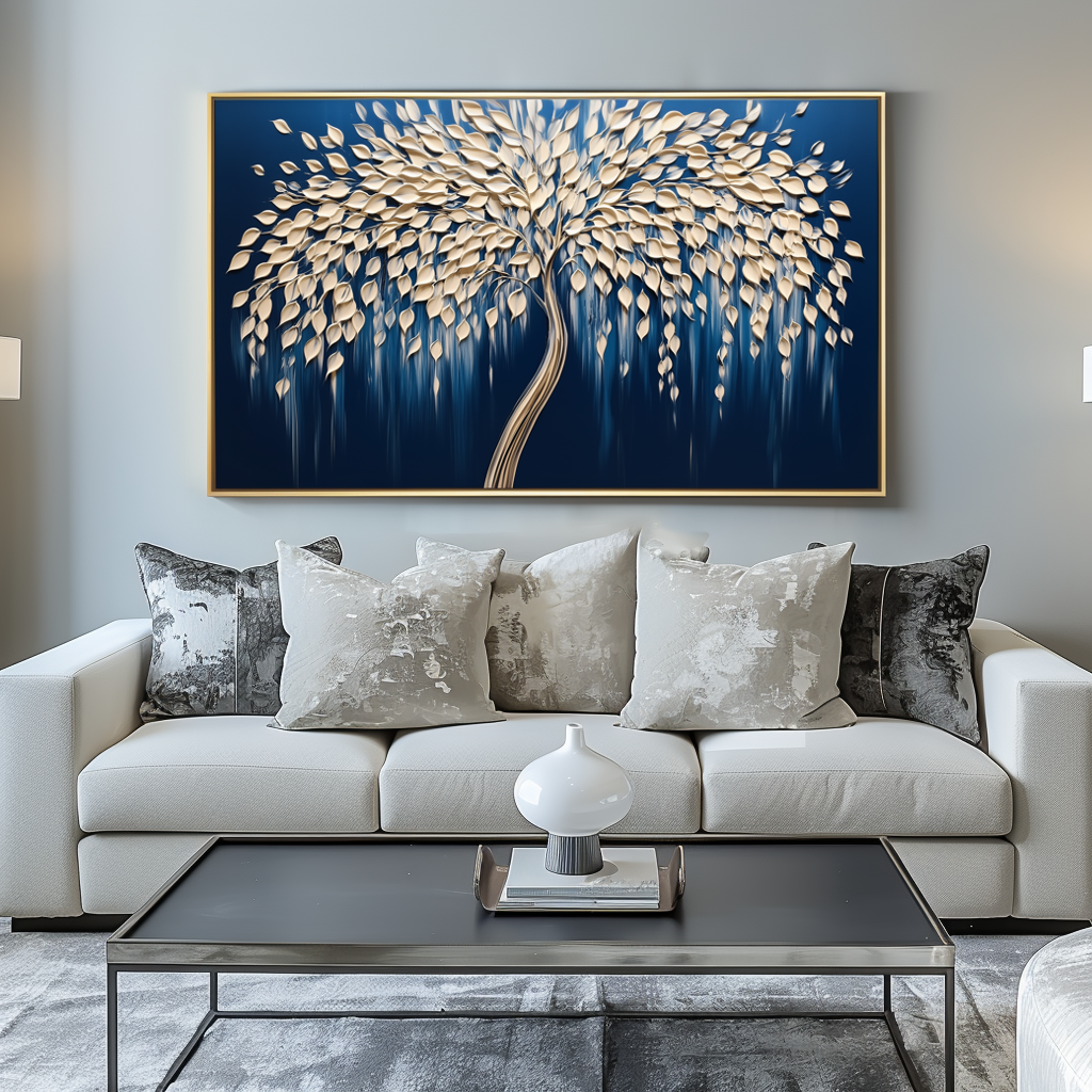 Tree of Light-Modern 3D Textured Tree Wall Art - Handmade Golden Decor on Deep Blue - Home Decor