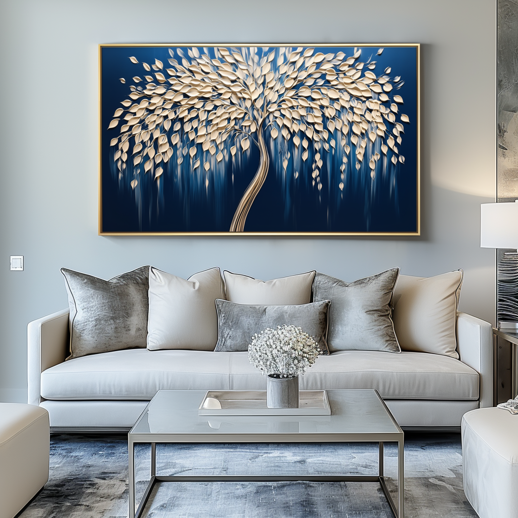 Tree of Light-Modern 3D Textured Tree Wall Art - Handmade Golden Decor on Deep Blue - Home Decor