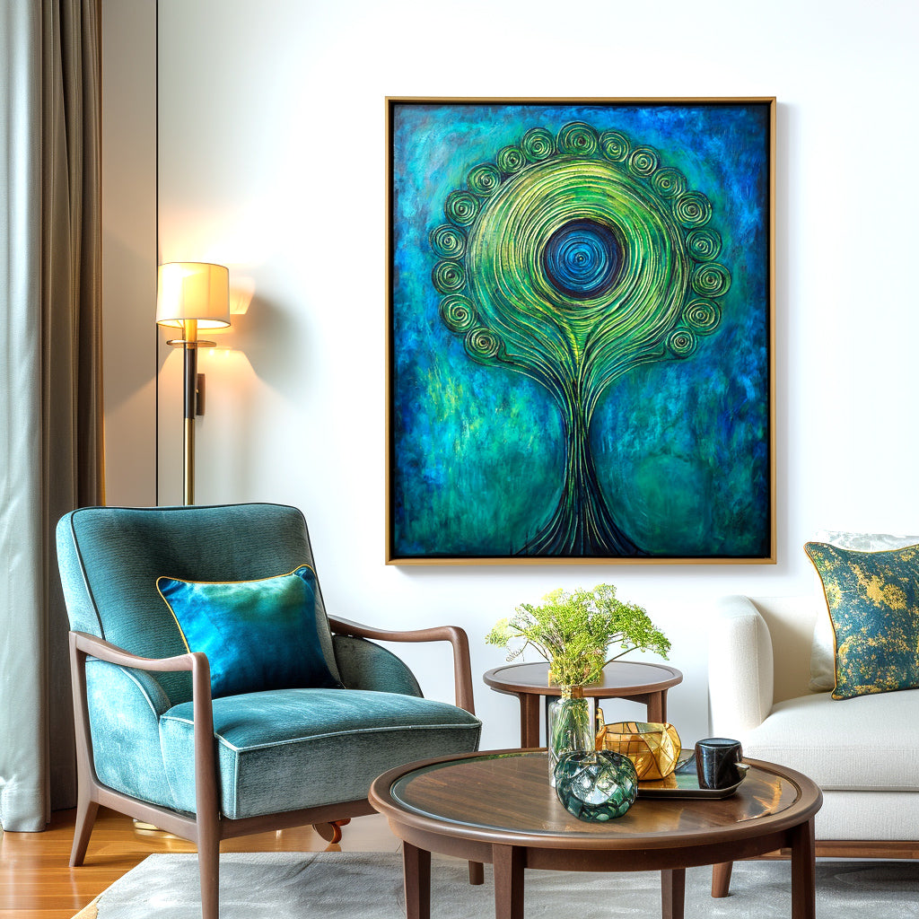 Verdant Halo - Textured Blue and Green Abstract Tree Oil Painting