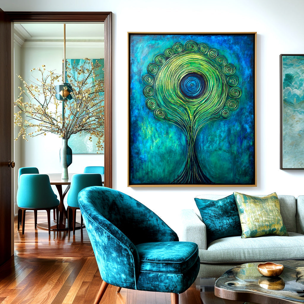 Verdant Halo - Textured Blue and Green Abstract Tree Oil Painting