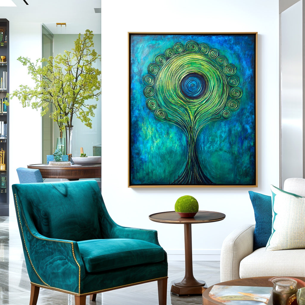 Verdant Halo - Textured Blue and Green Abstract Tree Oil Painting