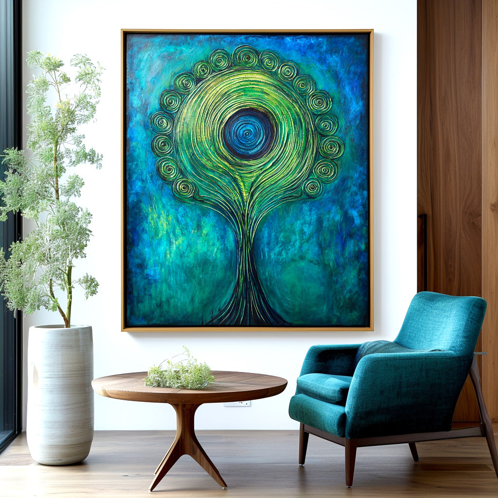 Verdant Halo - Textured Blue and Green Abstract Tree Oil Painting
