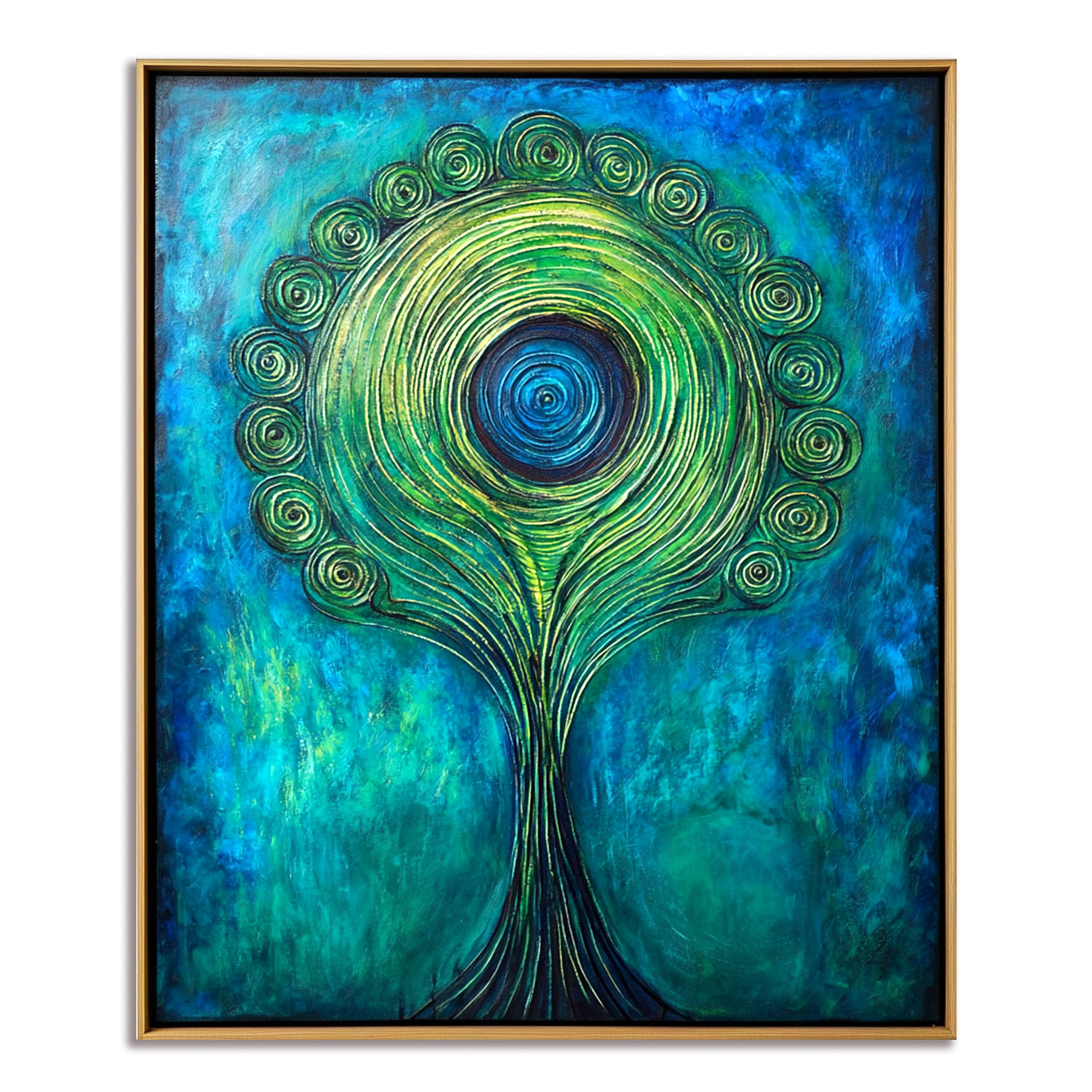 Verdant Halo - Textured Blue and Green Abstract Tree Oil Painting