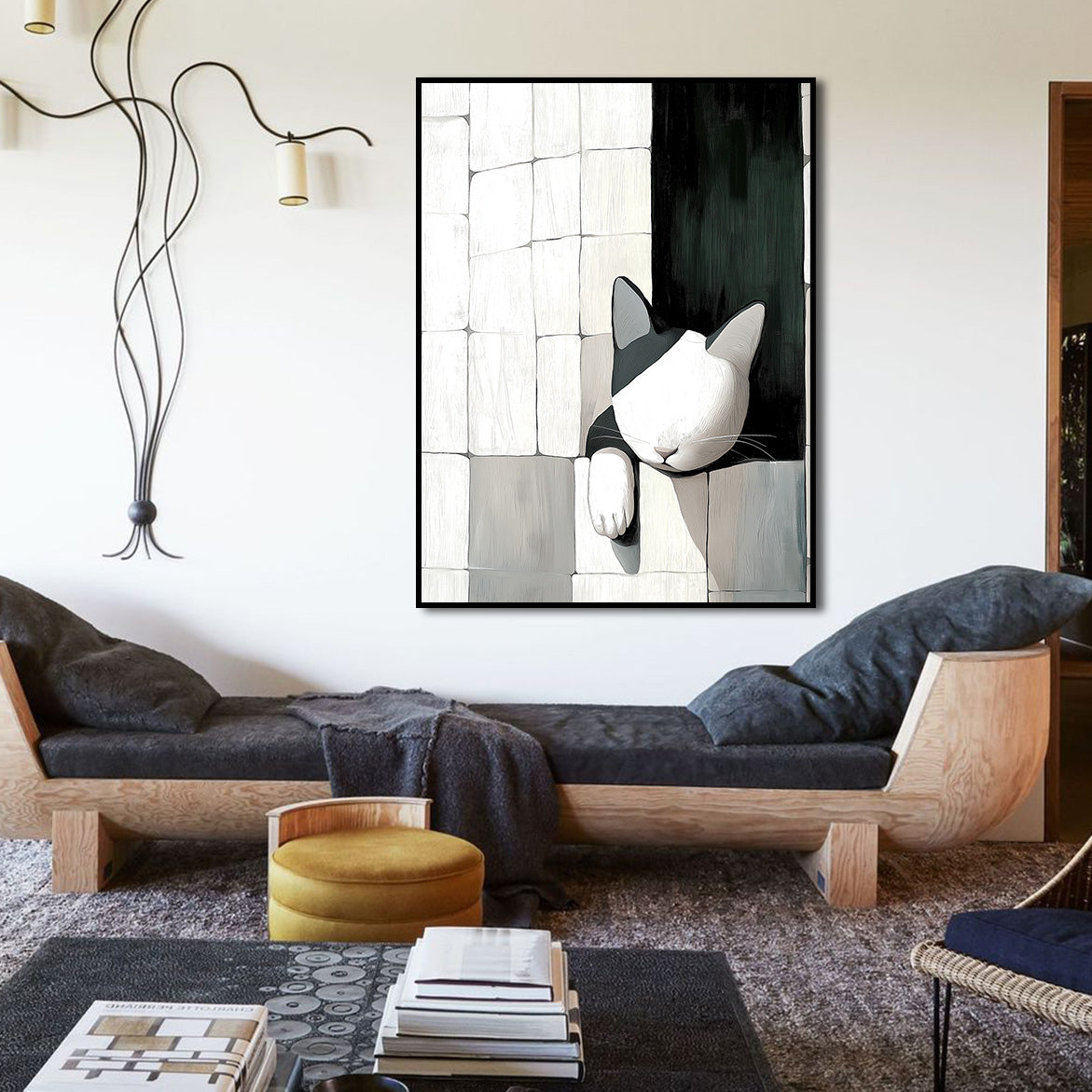 Wallflower Nap - Minimalist Cat Wall Art Black and White Cat in Abstract Tiled Space