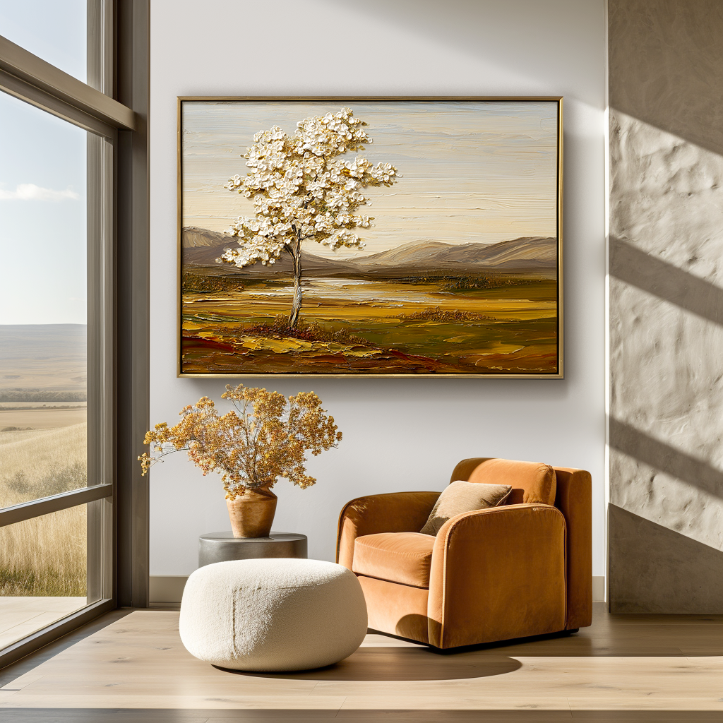 White Tree Landscape Painting – Vertical Hand-Painted Textured Canvas Wall Art for Modern Living Room or Bedroom Decor