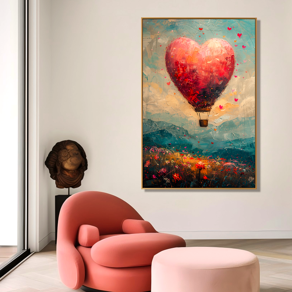 Love in Flight – Hand-Painted Textured Abstract Hot Air Balloon Wall Art for Modern Home Decor