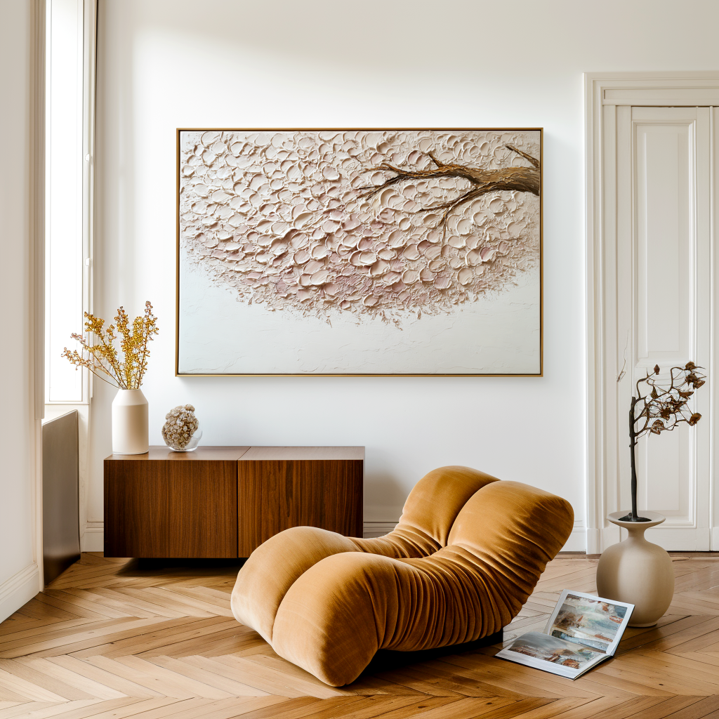 Petal Drift – Hand-Painted Textured Floral Branch Wall Art for Minimalist Home Decor