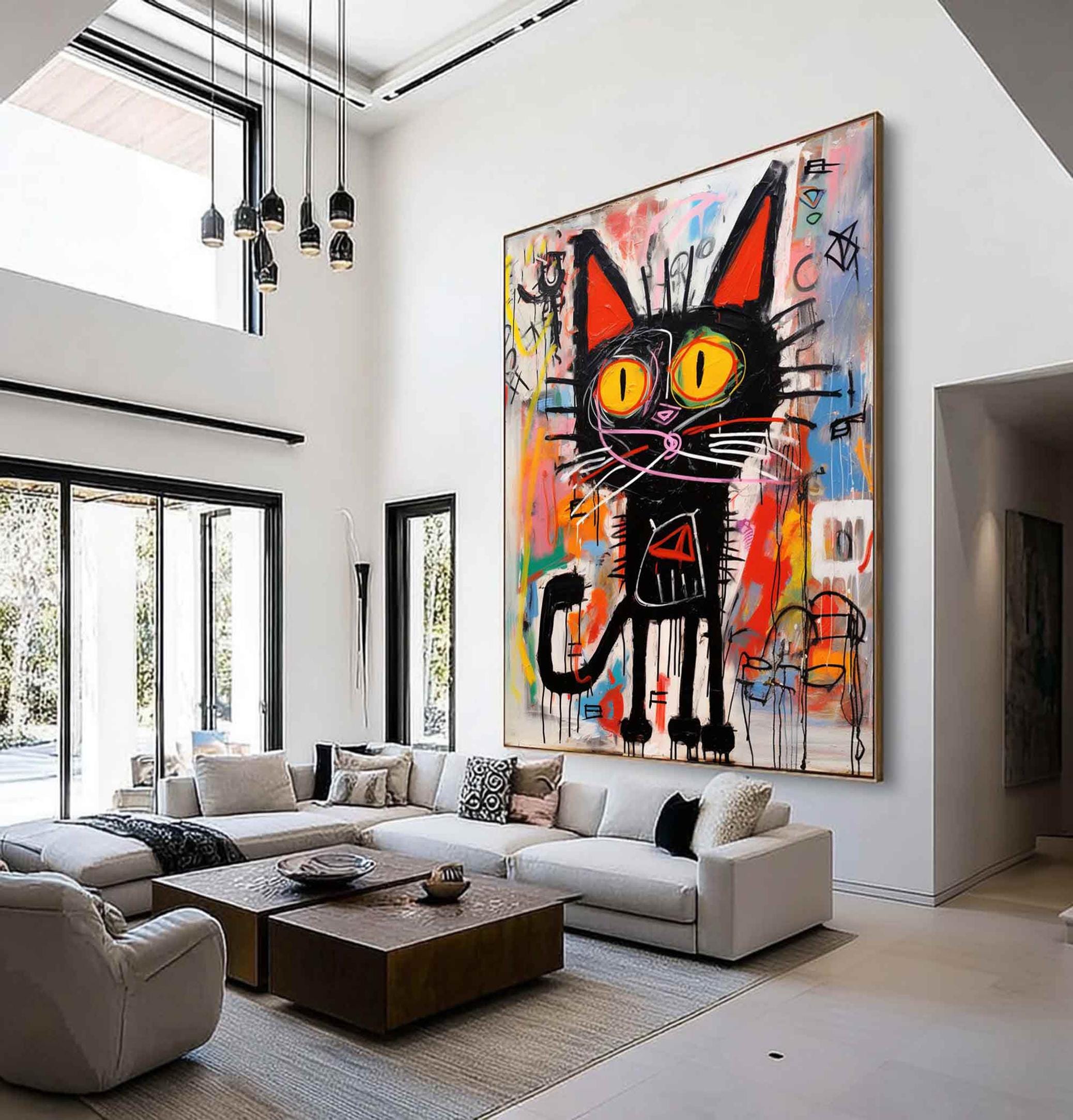 Vibrant Graffiti Art Black Cat Wall Decor - Street Art Style